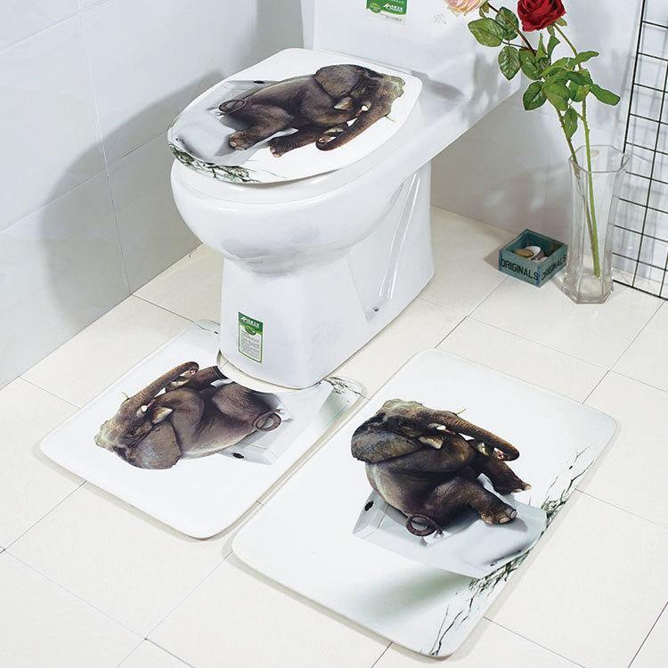 Honana Bathroom Rug Mats Set 3 Piece 3D Elephant Printed Flannel Soft Anti-slip Shower Bath Toilet Rugs Combination - MRSLM