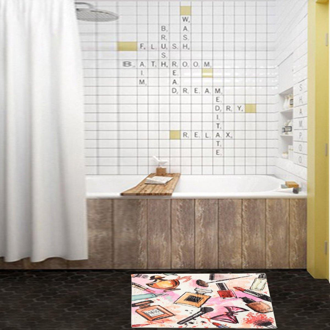 Fashion Cosmetic Waterproof Bathroom Shower Curtain Set With Hooks & Bath Mat Floor Mat - MRSLM