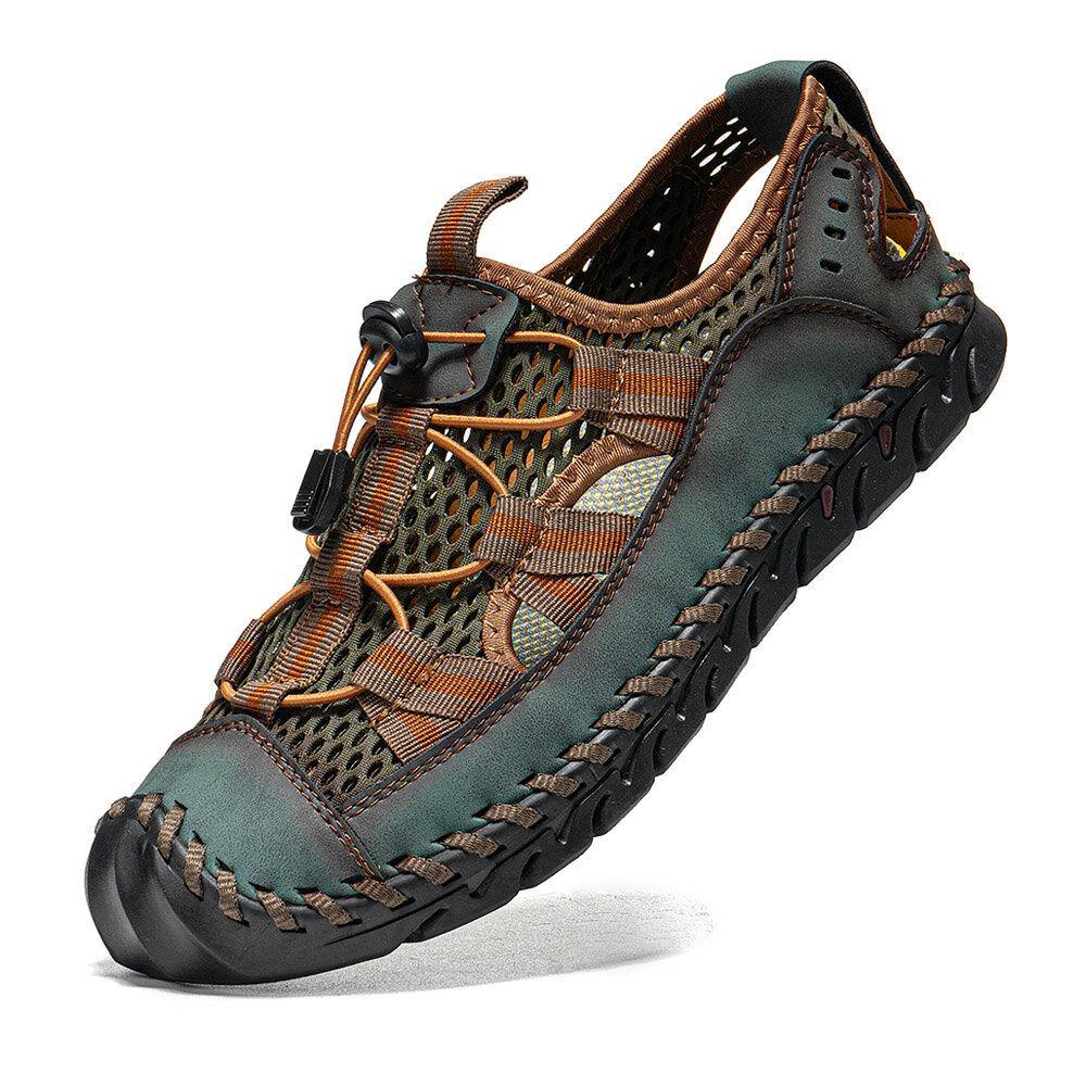 Men Cowhide Leather Hand Stitching Mesh Breathable Soft Bottom Casual Outdoor Sandals - MRSLM