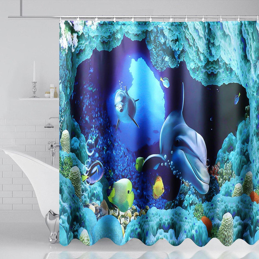 180x180cm Blue Dolphin Deep Sea Waterproof Bathroom Shower Curtain with 12 Hooks - MRSLM