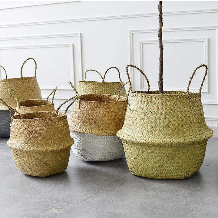 Handmade Seagrass Storage Baskets Foldable Laundry Straw Patchwork Wicker Rattan Seagrass Belly Garden Flower Pot Planter Basket - MRSLM