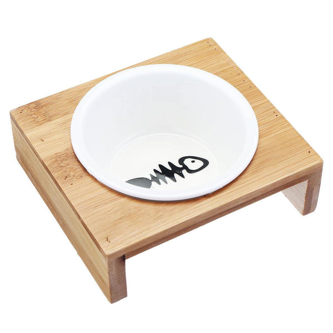 Elevated Dog Cat Bamboo Pet Feeder Ceramic Bowl Raised Stand 3 Sizes Durable - MRSLM