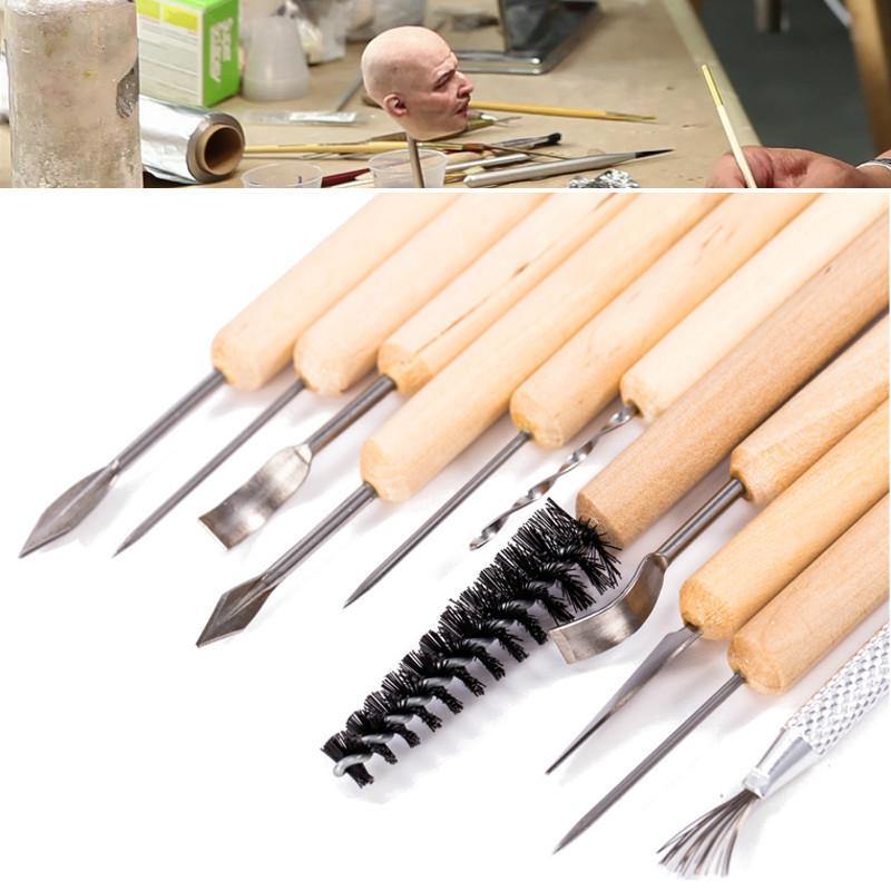 11Pcs Clay Sculpting Set Wax Carving Pottery Tools Shapers Polymer Modeling Wood Handle Set - MRSLM