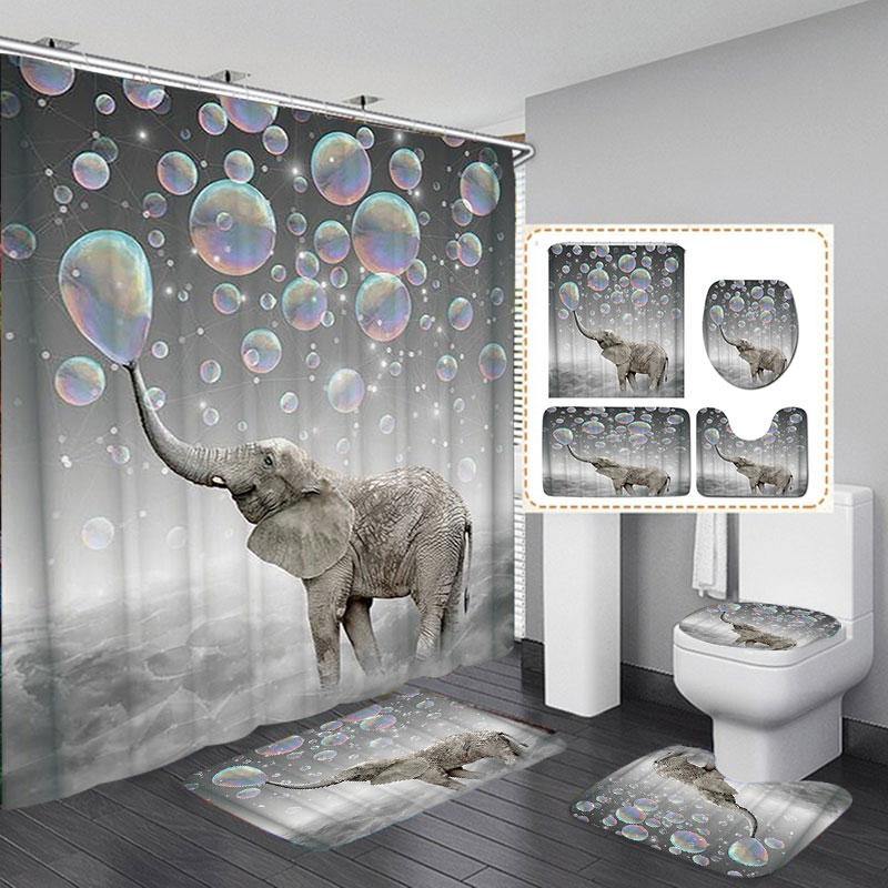 3D Printing Bubbles Elephant Waterproof Bathroom Shower Curtain Toilet Cover Mat Non-Slip Floor Mat Rug Set - MRSLM