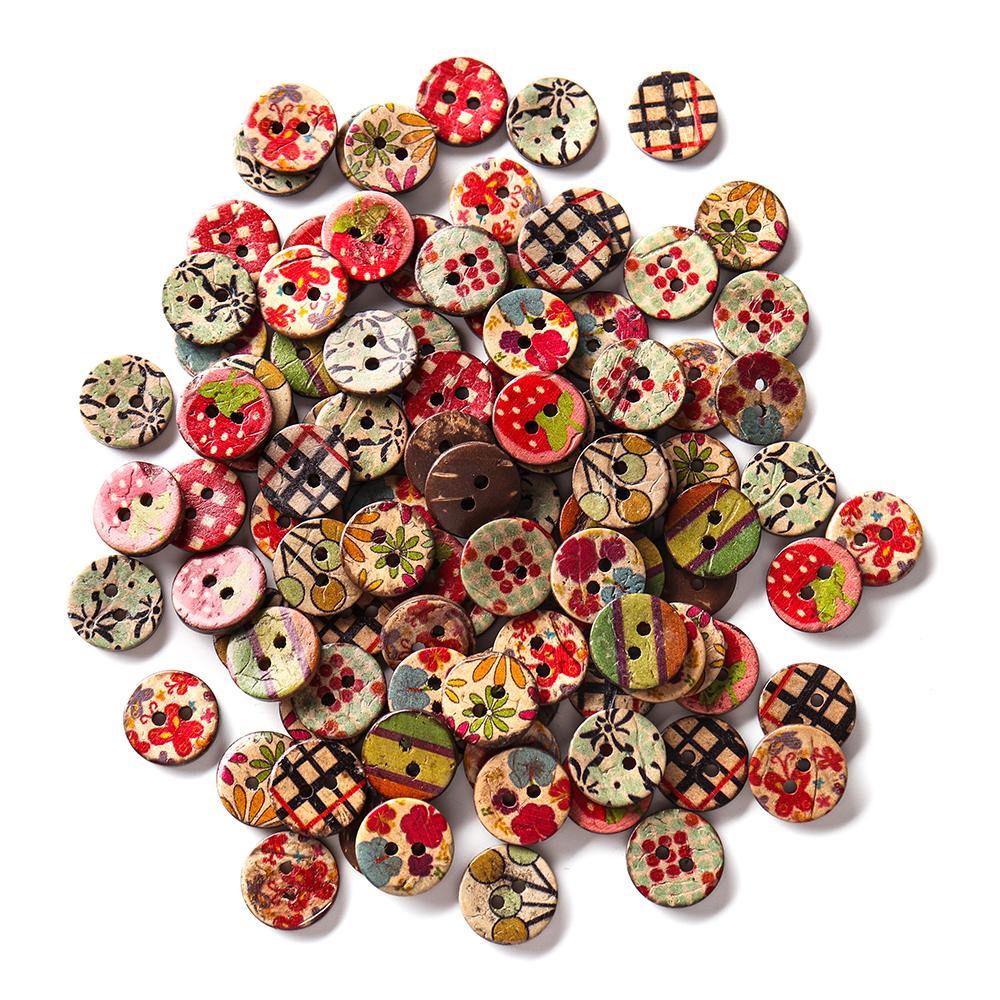 100 PCS Round Pattern Wooden Button Mixed 2 Hole Natural Sewing Children Handmade Clothes Buttons (1) - MRSLM