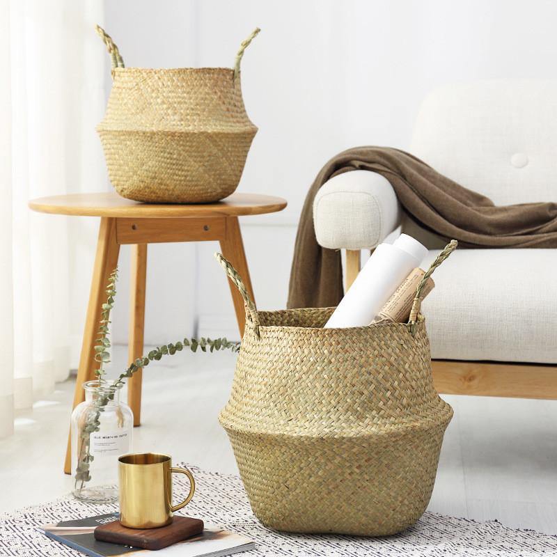 Handmade Seagrass Storage Baskets Foldable Laundry Straw Patchwork Wicker Rattan Seagrass Belly Garden Flower Pot Planter Basket - MRSLM