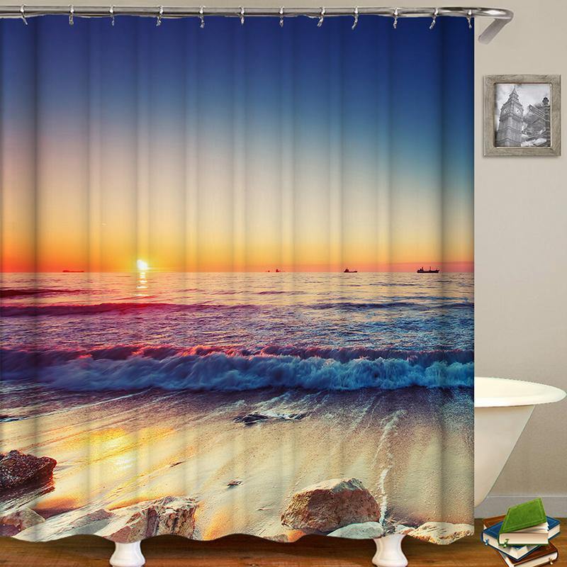 Waterproof Shower Curtain Non-Slip Rug Three Set Bathroom Decor Blue Ocean Sunset - MRSLM